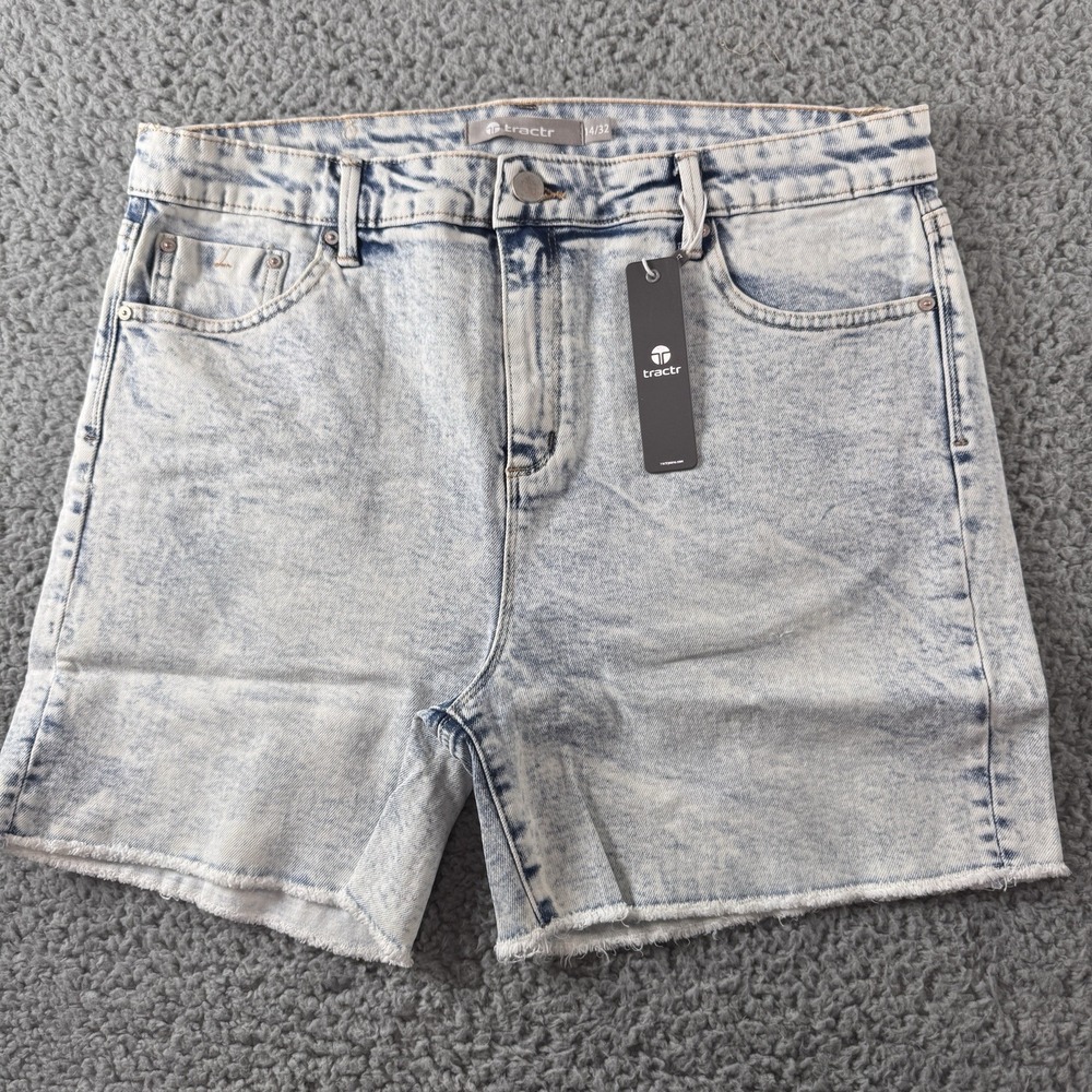 Tractr Acid Wash Blue Light Indigo High Rise Raw Hem Denim Shorts 14/32 NWT